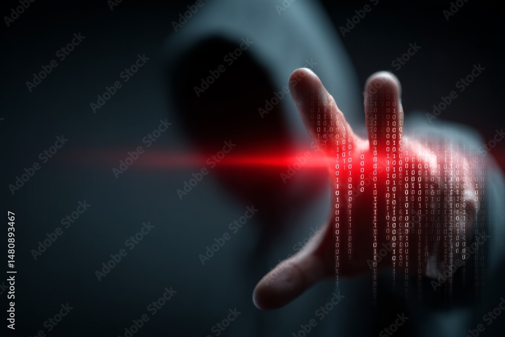 Poster faceless hooded person reaching out through binary code with red highlight, conveys data security, p