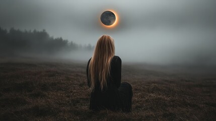 Woman contemplating annular solar eclipse in foggy field