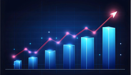Upward trending bar graph showcases exponential growth, depicted with glowing nodes and a rising arrow, set against a dark blue grid background