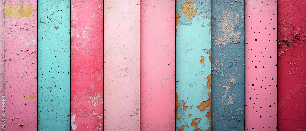 Poster colorful wooden panels create a vibrant and textured backdrop with unique patterns and wear in a bri
