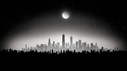 A cityscape at night, with a full moon and stars in the sky.