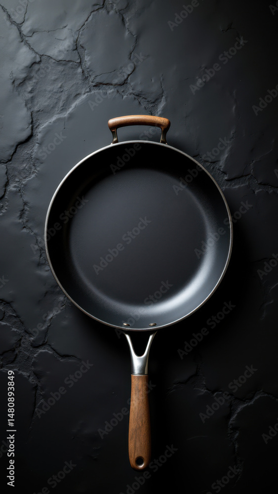 Poster a close-up photograph of a cast iron skillet against a textured background with a diagonal split.