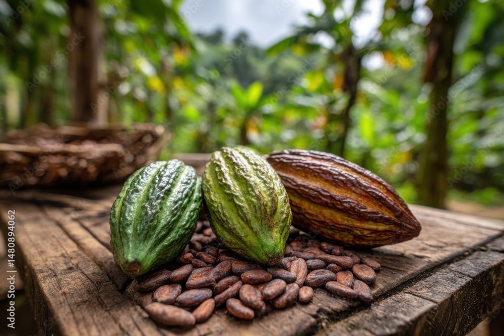 Poster Three cocoa pods of different maturity stages displayed on a pile of cocoa beans, showcasing the bean-to-bar process and chocolate origin in a tropical setting.
