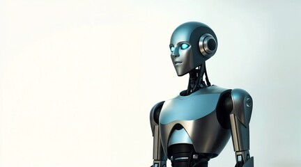 futuristic humanoid robot with shiny metallic surface standing in front of a minimalistic background