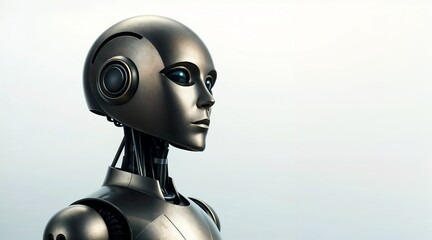advanced humanoid robot with metallic finish, showcasing sleek design against a simple light backdrop