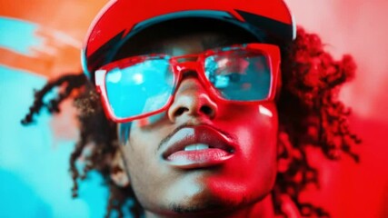 A young artist showcases his bold style and creativity in a burst of color at a bustling urban location. The energy radiates as he captivates the crowd with his unique look and infectious vibe