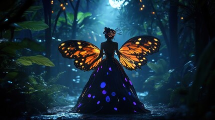 Ethereal woman with butterfly wings in moonlit forest fantasy art