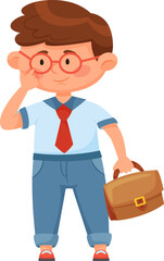 Cute boy with round glasses and red tie, adjusting his glasses while holding a brown briefcase, portraying a smart and business ready appearance, perfect for educational or career themed projects