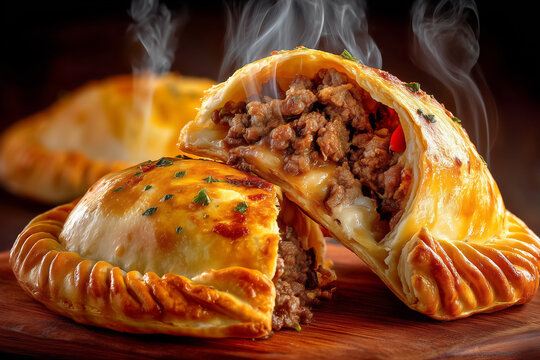 Steaming Argentinian empanada reveals spicy beef filling with golden crust. Wooden counter adds warmth, blurred mate gourds enhance cultural setting