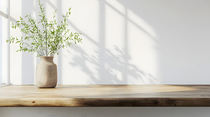 A minimalist wooden table with a simple vase holding green branches, casting soft shadows in a sunlit room.