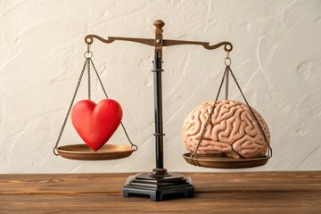 Shot of a balance scale weighing a heart and a brain, symbolizing the balance between emotion and logic - generated by ai