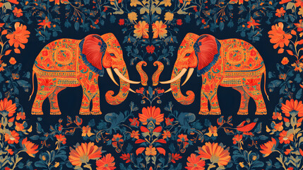 Colorful patterned elephants entwine their trunks in a vibrant floral design, showcasing intricate details and rich colors.