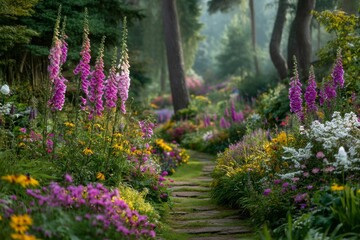 Fototapeta premium Enchanting floral pathway through a vibrant woodland garden with foxgloves and diverse blooms, stones marking the trail into the forest.