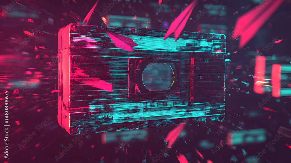 Poster a retro cassette tape surrounded by vibrant neon shards, creating a dynamic mix of nostalgia and mod