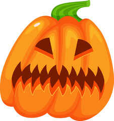 Spooky Halloween pumpkin featuring a menacing face with sharp teeth, glowing eyes, and a vibrant green stem, enhancing the festive and eerie atmosphere of autumn celebrations