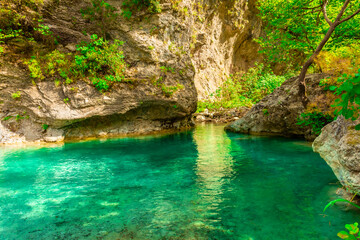 Crystal clear waters of natural springs and lake in the woods of the Mount Olympus,  Greece