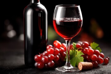 Elegant composition of red wine, bottle, glass, grapes, and cork on a dark surface, showcasing the rich color and inviting flavors of a fine vintage drink.