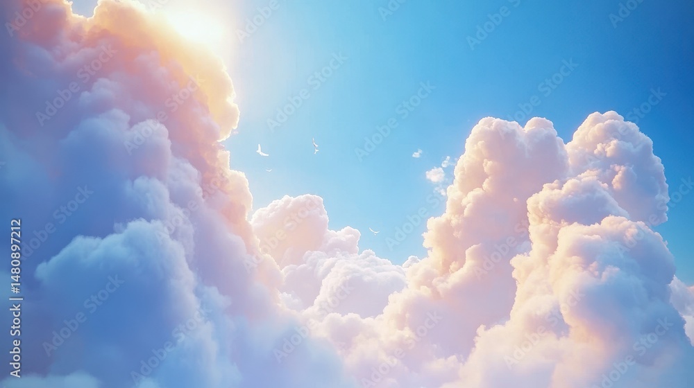 Poster dynamic azure sky: light and luminous fluffy clouds in motion on a brilliant summer day