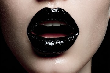 Obraz premium Close-up shot showcasing a woman's luscious lips adorned with a high-gloss black lipstick, open slightly revealing her teeth, with a dramatic, edgy look