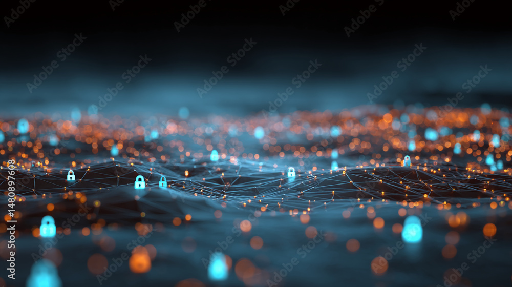 Poster abstract digital landscape with glowing network nodes and padlock icons, representing cybersecurity,