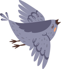 Charming purple bird flying gracefully with wings spread wide, singing a delightful melody while eyes remain closed, embodying joy and tranquility in a vibrant cartoon illustration