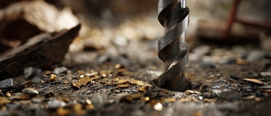 Closeup of a metal drill bit drilling into concrete, creating dust and debris Concept of construction, renovation, and industrial work