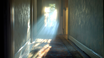 Obraz premium Sunlight streams through a hallway, illuminating dust particles in the air, creating a serene and peaceful atmosphere.