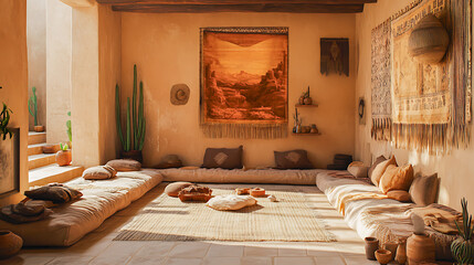 Desert-inspired interior; a room with low, plush seating and cushions in beige and earth tones. The decor includes cacti in terracotta pots, woven rugs, and ceramics.