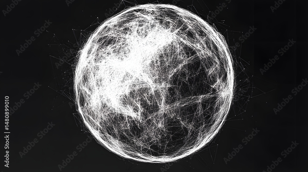 Poster abstract digital representation of a globe made up of intricate white lines against a black backdrop