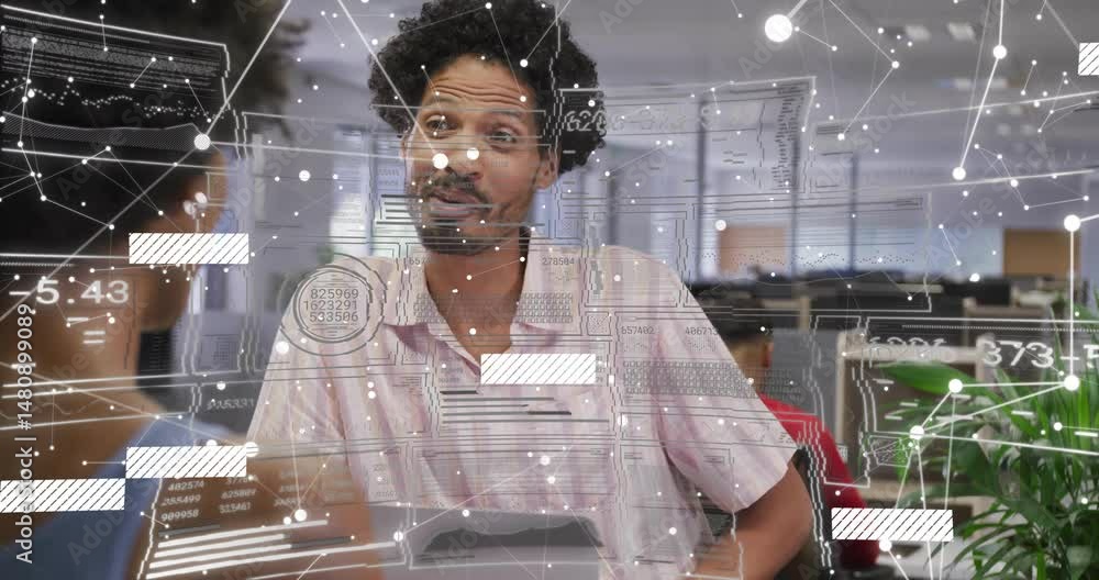 Poster coworkers sitting across desk in business office with animated charts and nodes overlaying ui