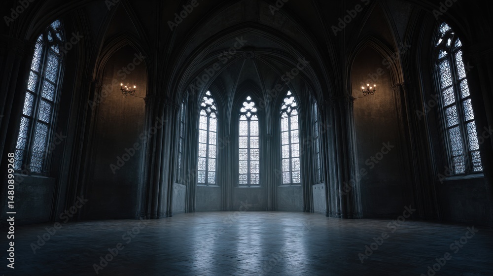 Poster a stunning image of empty dark room in gothic style with large windows eerie and atmospheric interio
