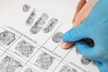 Criminalist taking fingerprints of suspect in police department, closeup
