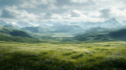 Fototapeta premium A breathtaking landscape featuring lush green valleys and majestic snow-capped mountains under a cloudy sky.