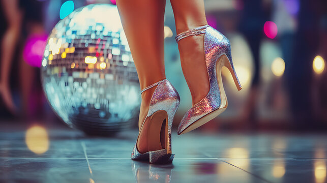A close-up of a woman's feet wearing silver glitter high heels, dancing near a dazzling disco ball.