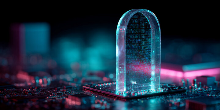 Glass column with binary code on circuit board, showcasing digital data, technology, and innovation concept