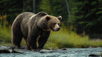 Majestic Grizzly Bear Standing on Rocky Riverbank, Observing Surroundings in Wild Natural Habitat, North American Wildlife.