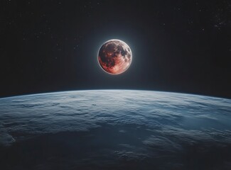 Blood Moonrise: Serene Earthscape and Celestial Glow