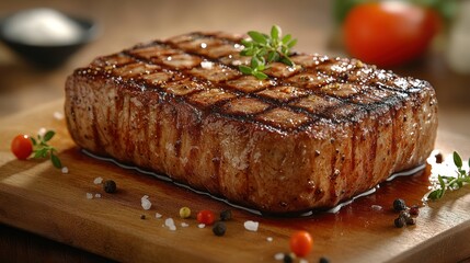 Grilled steak on wooden board