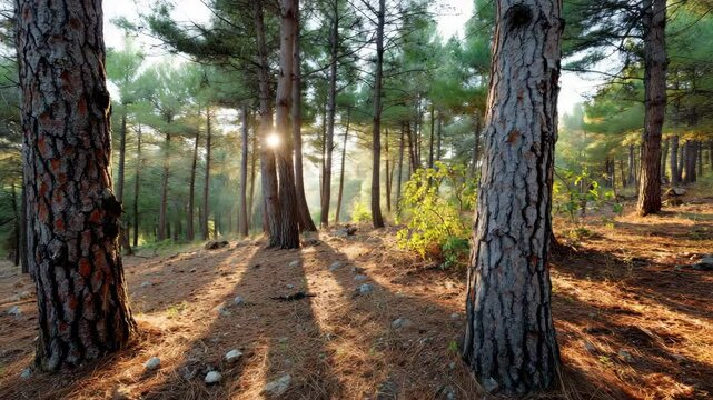 A peaceful scene of sunbeams piercing through tall pine trees, casting shadows on the forest floor and creating a harmonious atmosphere that invites exploration and reflection.