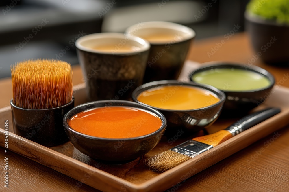 Poster an artistic arrangement of colorful paints in bowls with brushes on a wooden tray, creating a vibran