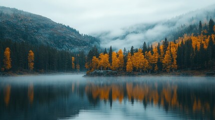 Misty autumn lake reflecting colorful trees