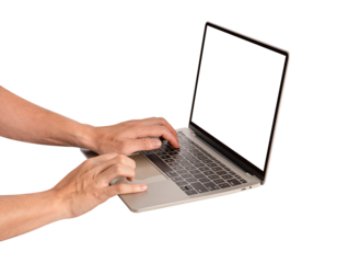 Hand using laptop computer with blank screen isolated. Premium high quality studio shot. Technology, business and advertising concept.
