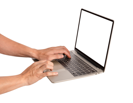 Hand using laptop computer with blank screen isolated. Premium high quality studio shot. Technology, business and advertising concept.