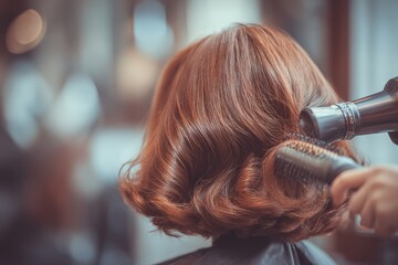 Fototapeta premium A close-up shot of a woman's auburn hair being styled with a round brush and blow dryer, showing smooth, shiny, and healthy looking curls and waves.