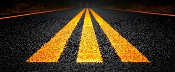 Dark asphalt road at night with three bright yellow lines vanishing into the distance