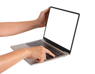 Hand using laptop computer with blank screen isolated. Premium high quality studio shot. Technology, business and advertising concept.