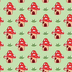 Seamless pattern with cute red-capped cartoon mushrooms in flat style on light green background. Perfect for kids' fabric, school notebooks, and playful product designs.