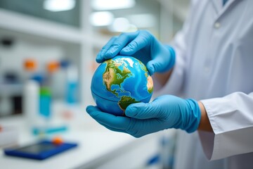 Scientist holding globe in laboratory while wearing blue gloves  