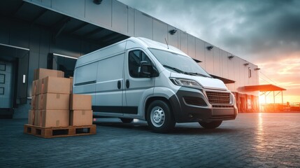 Naklejka premium A stunning image of stunning image of cargo van waiting at logistic center, delivery minivan prepped for route, transportation concept.