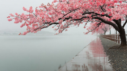 A misty landscape with pink cherry blossoms blooming over a calm lake